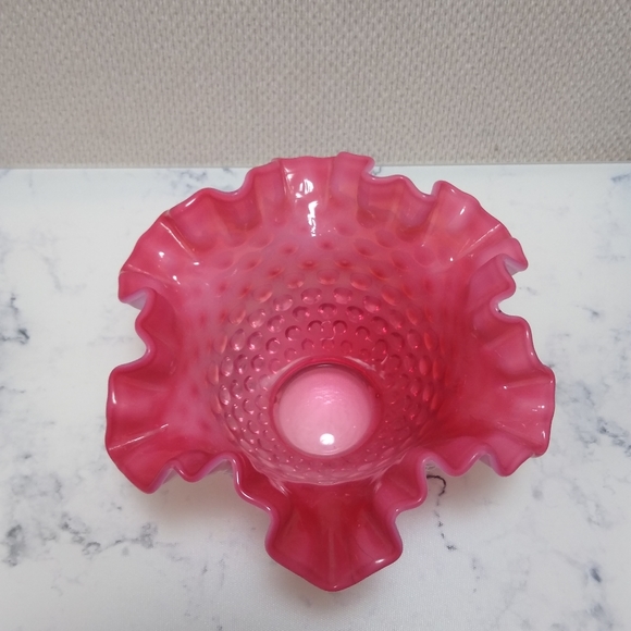 Antique Cranberry Opalescent Hobnail Ruffle Vase - Picture 3 of 6